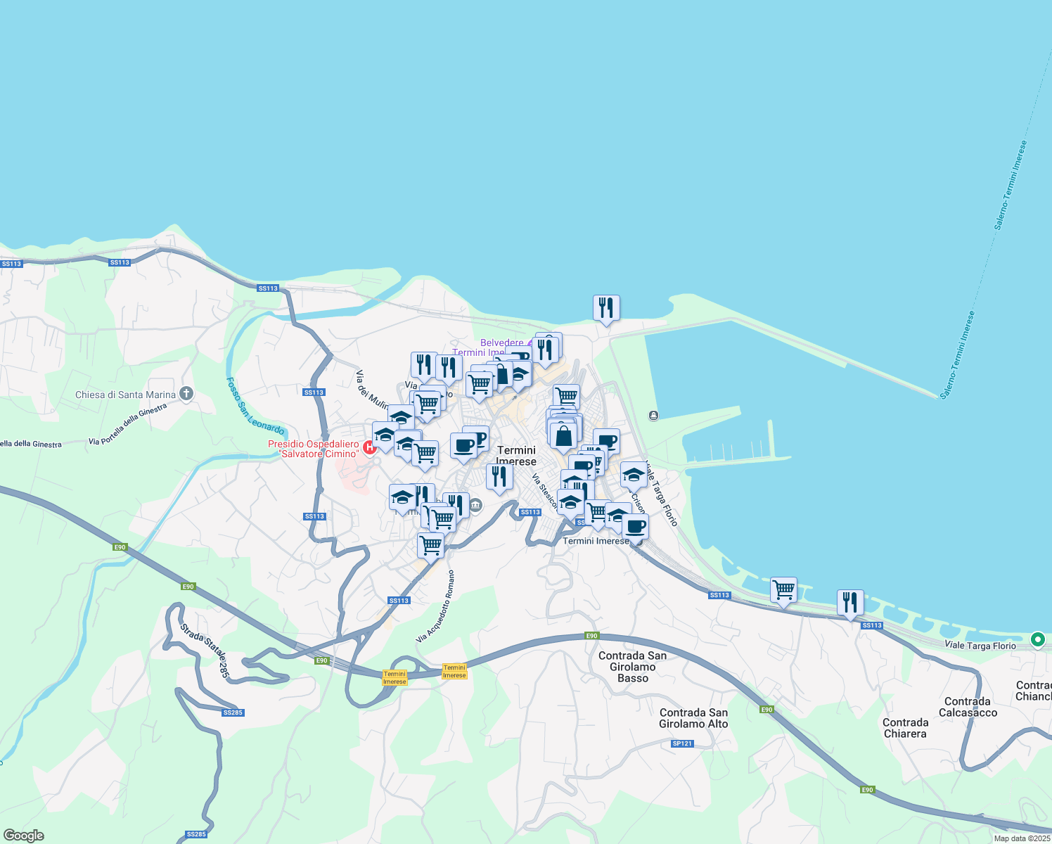 map of restaurants, bars, coffee shops, grocery stores, and more near Via Roma in Termini Imerese