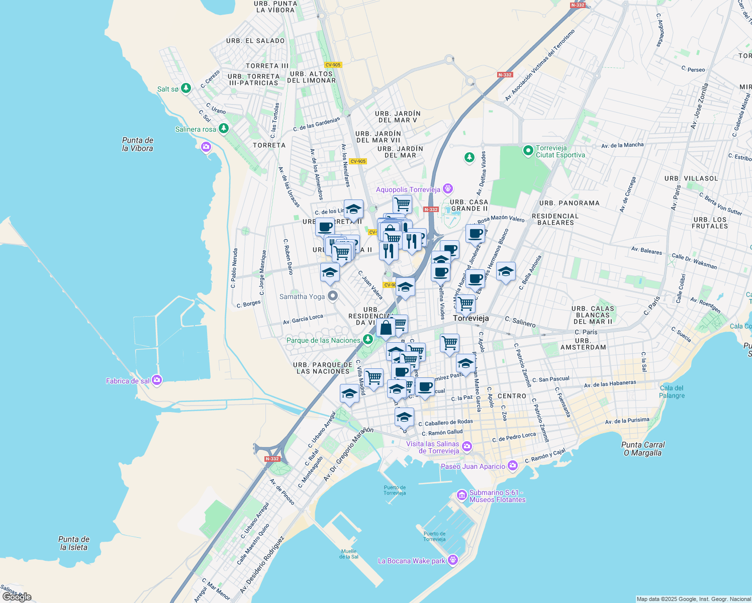 map of restaurants, bars, coffee shops, grocery stores, and more near 7 Calle Zafiro in Torrevieja