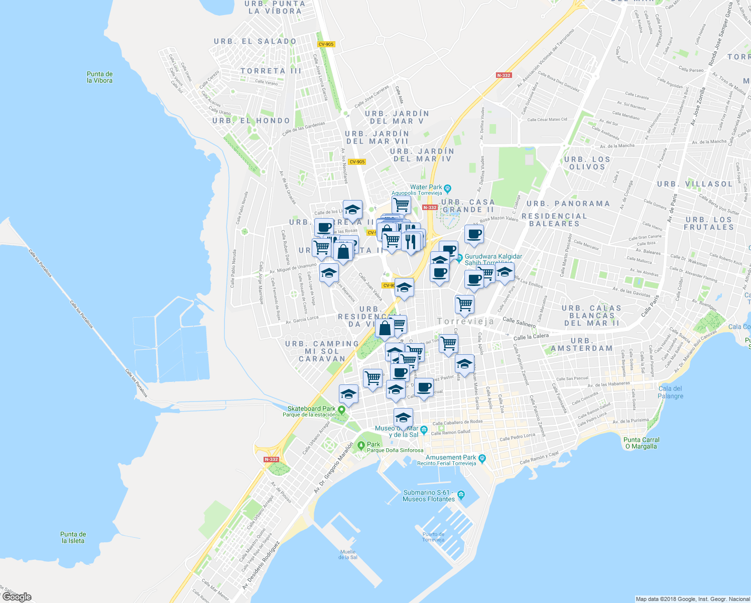 map of restaurants, bars, coffee shops, grocery stores, and more near 5 Calle Zafiro in Torrevieja
