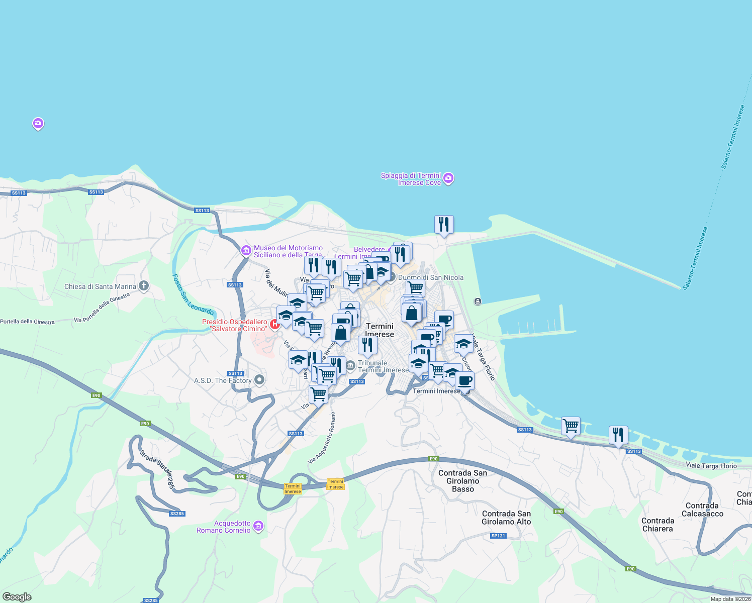 map of restaurants, bars, coffee shops, grocery stores, and more near 126 Via Roma in Termini Imerese