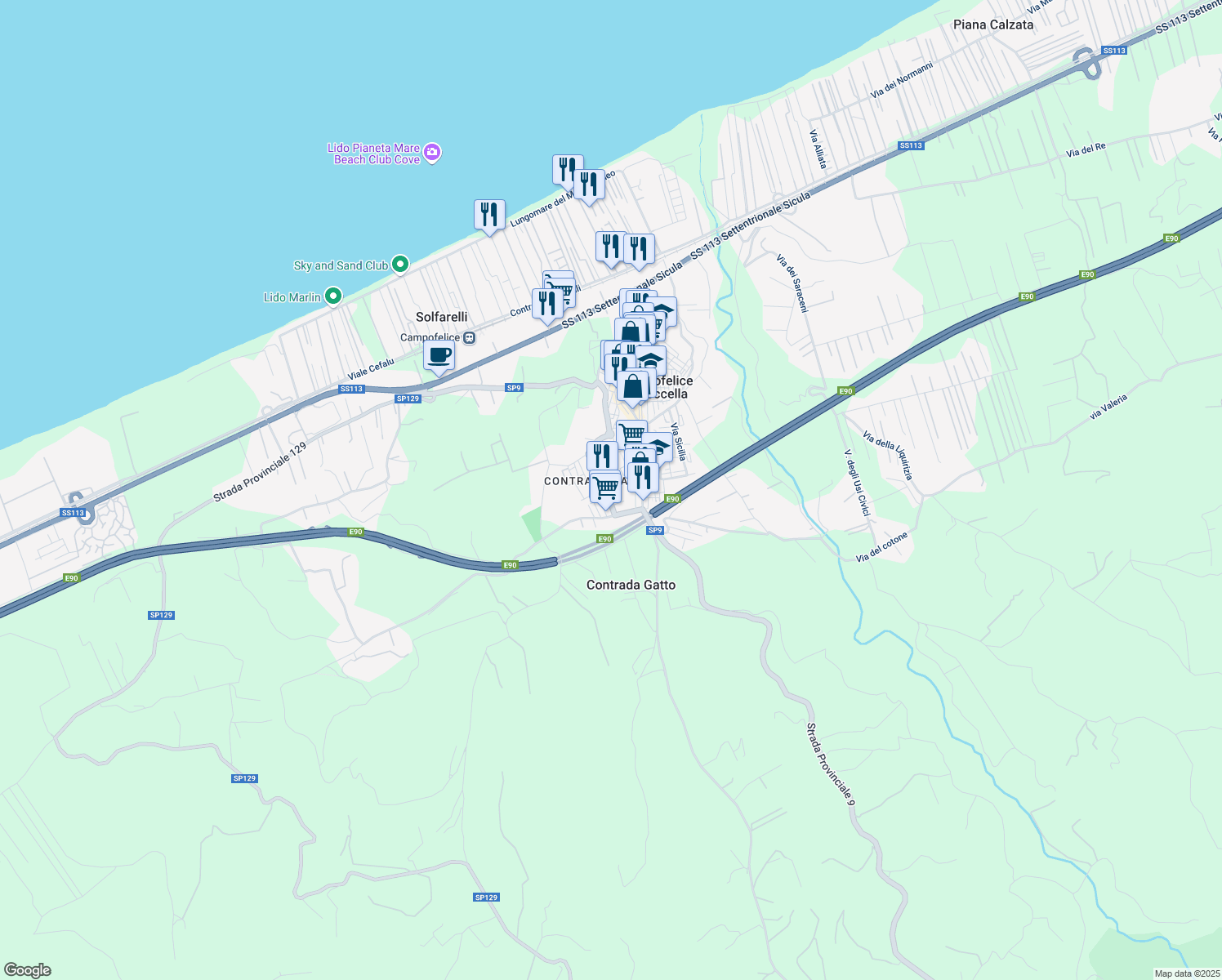 map of restaurants, bars, coffee shops, grocery stores, and more near 7 Viale Francia in Campofelice di Roccella