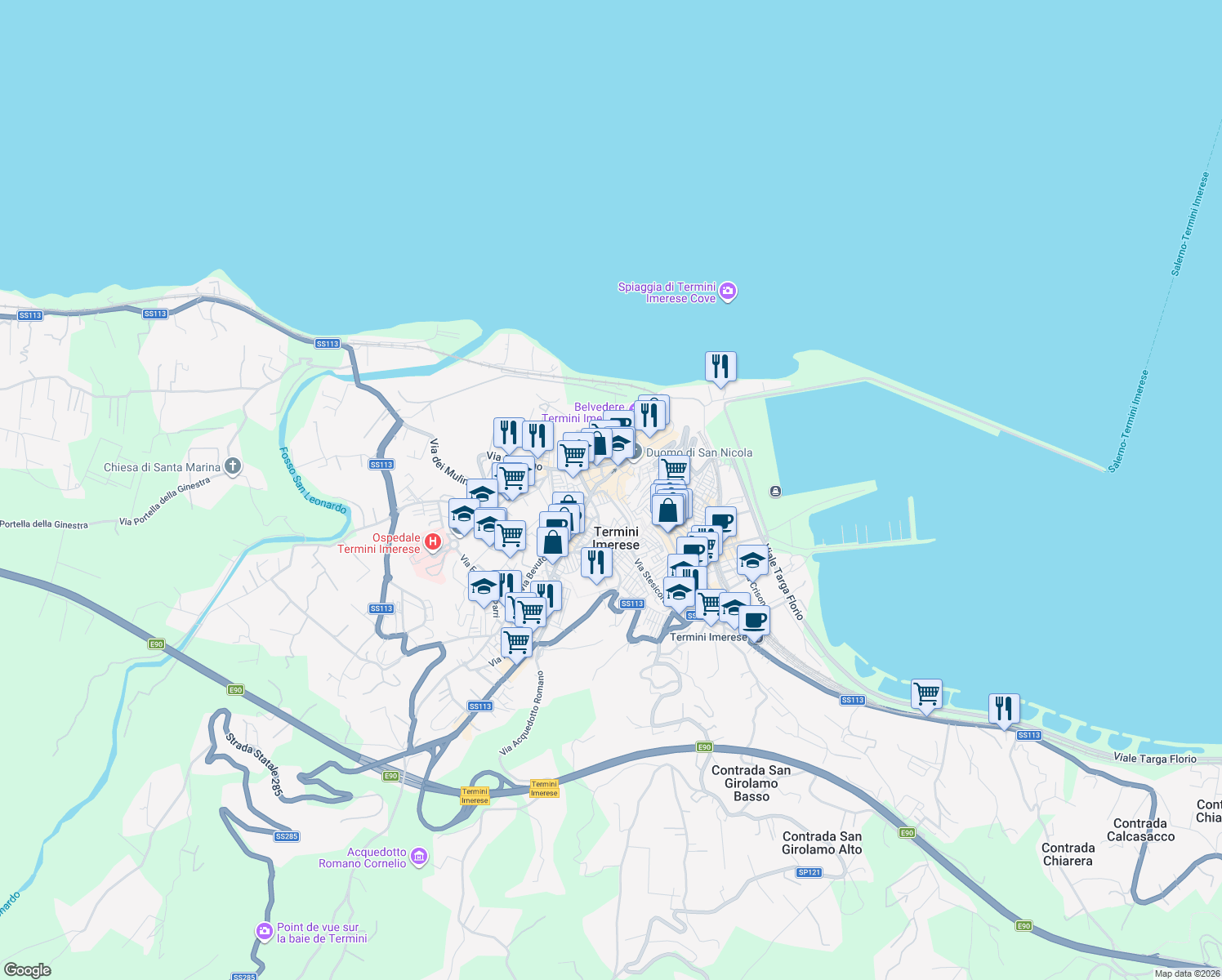 map of restaurants, bars, coffee shops, grocery stores, and more near 85 Via Roma in Termini Imerese