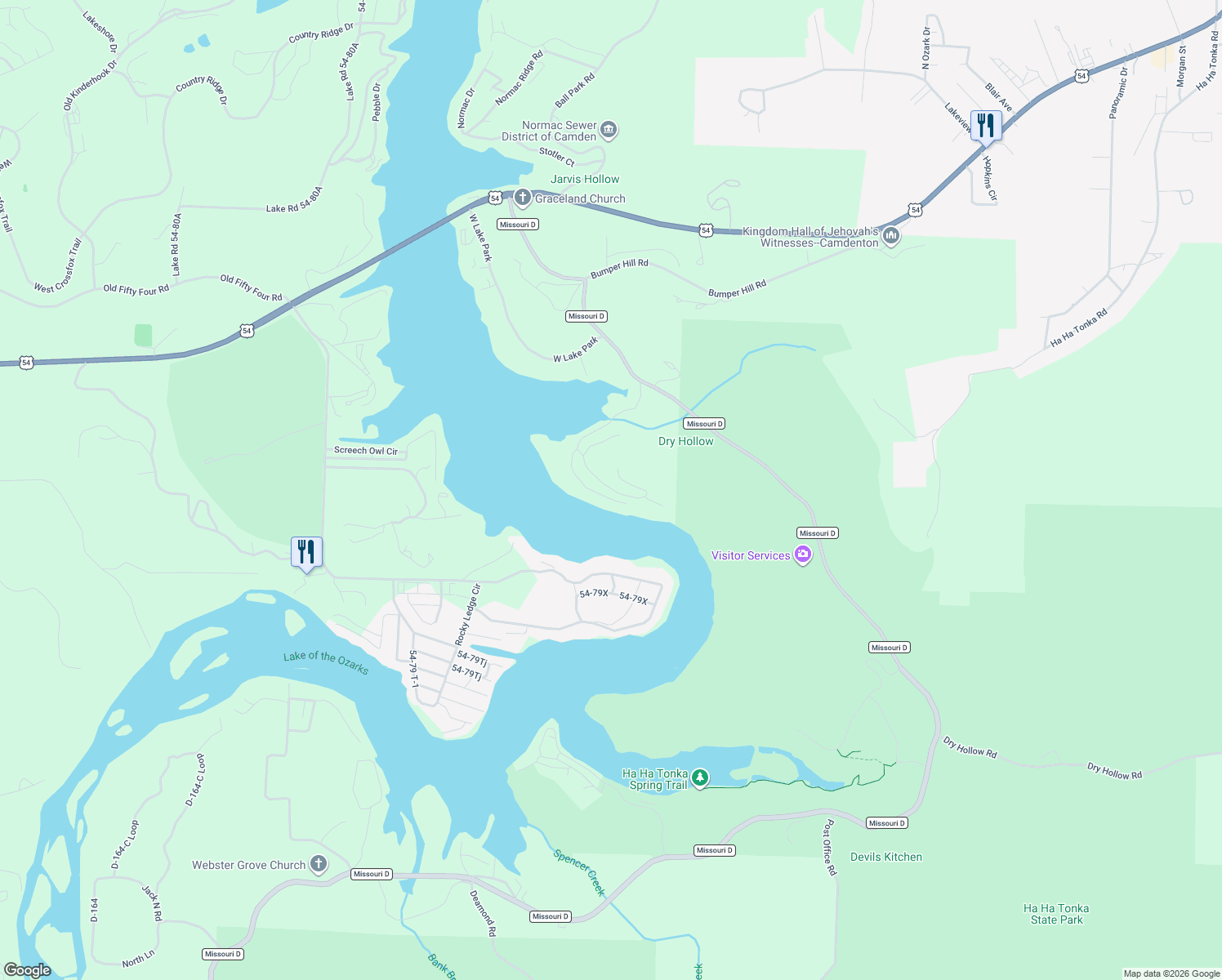 map of restaurants, bars, coffee shops, grocery stores, and more near 61 Arrowhead Drive in Camdenton