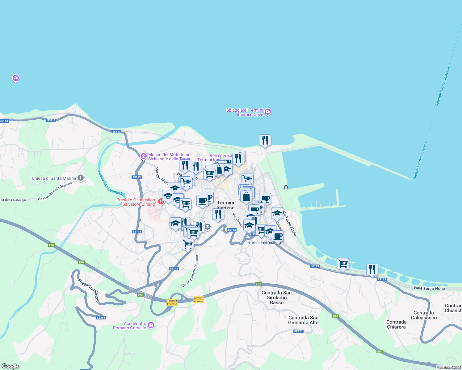 map of restaurants, bars, coffee shops, grocery stores, and more near Piazzetta Benincasa in Termini Imerese