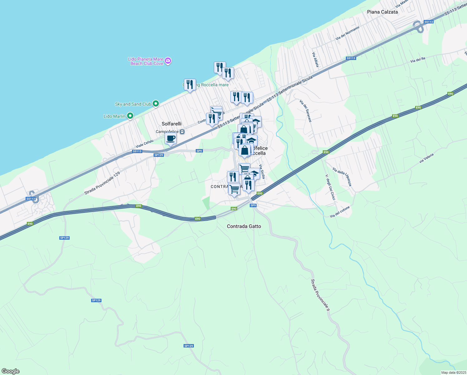 map of restaurants, bars, coffee shops, grocery stores, and more near 7 Viale Francia in Campofelice di Roccella