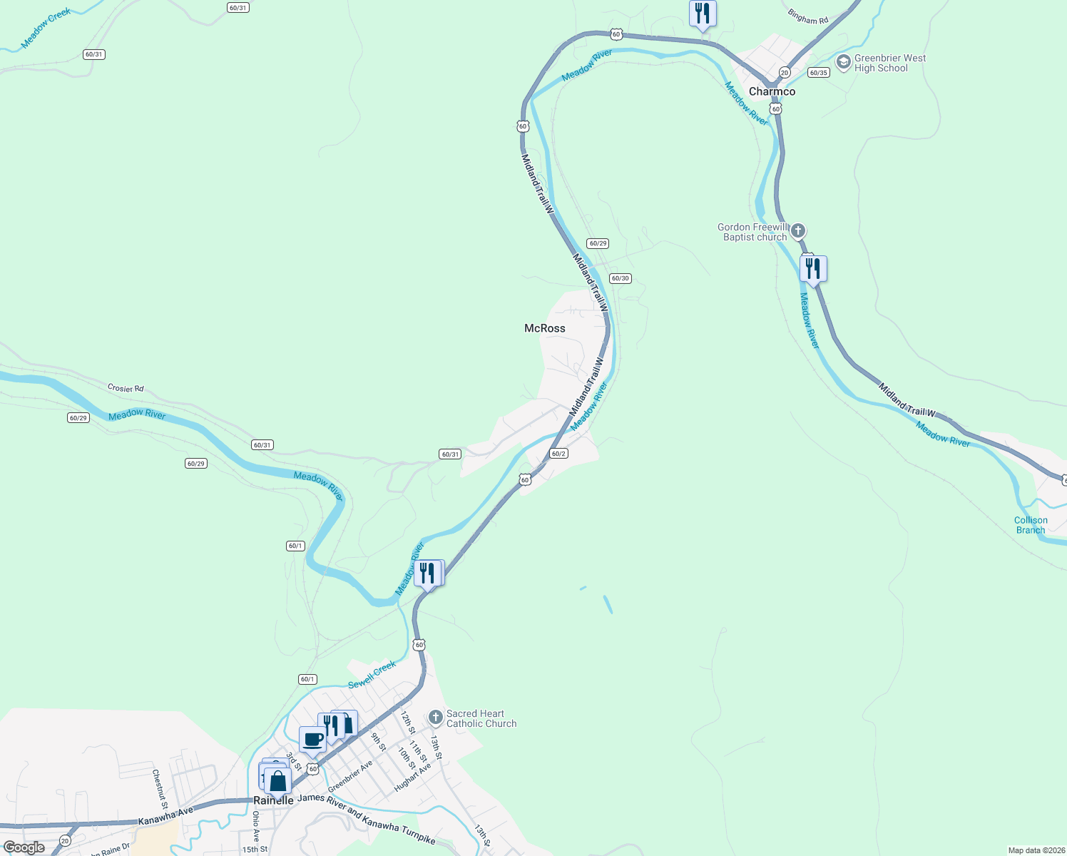 map of restaurants, bars, coffee shops, grocery stores, and more near 265 Crozier Rd in Rainelle