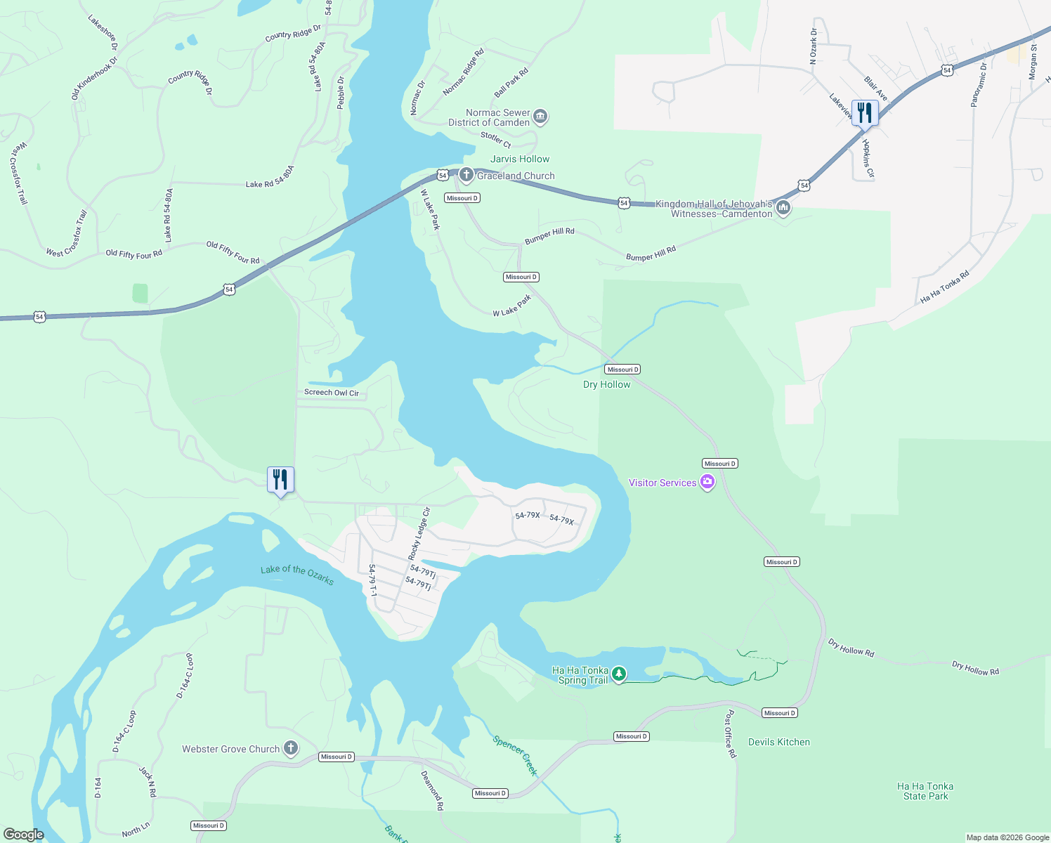 map of restaurants, bars, coffee shops, grocery stores, and more near 424 Minnowbrook Road in Camdenton