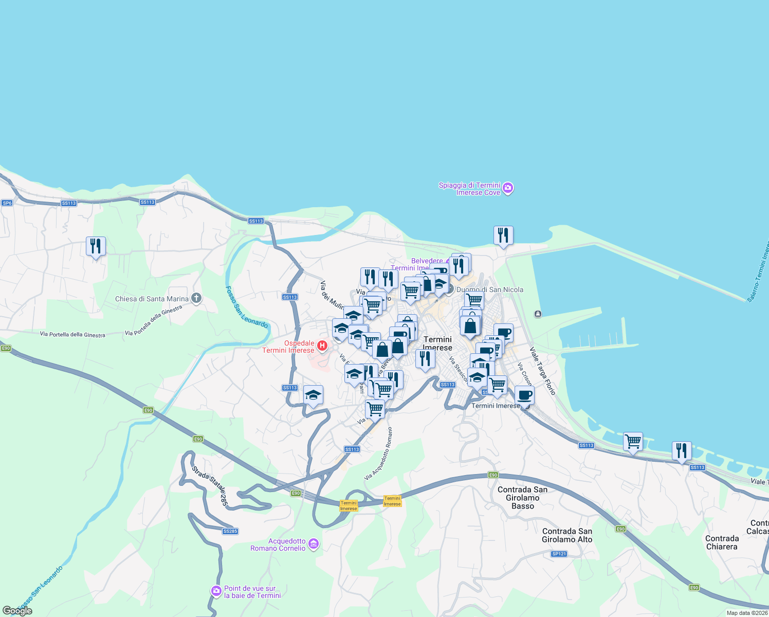 map of restaurants, bars, coffee shops, grocery stores, and more near 10 Via Emanuela Setti Carraro in Termini Imerese
