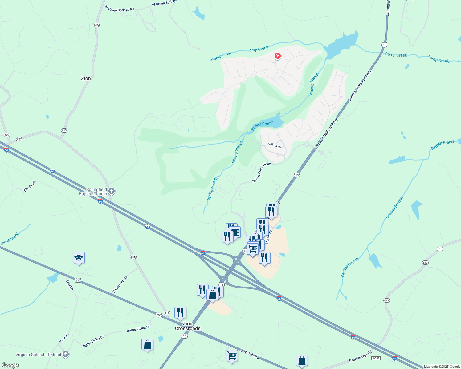 map of restaurants, bars, coffee shops, grocery stores, and more near 75 Cottage Court in Zion Crossroads