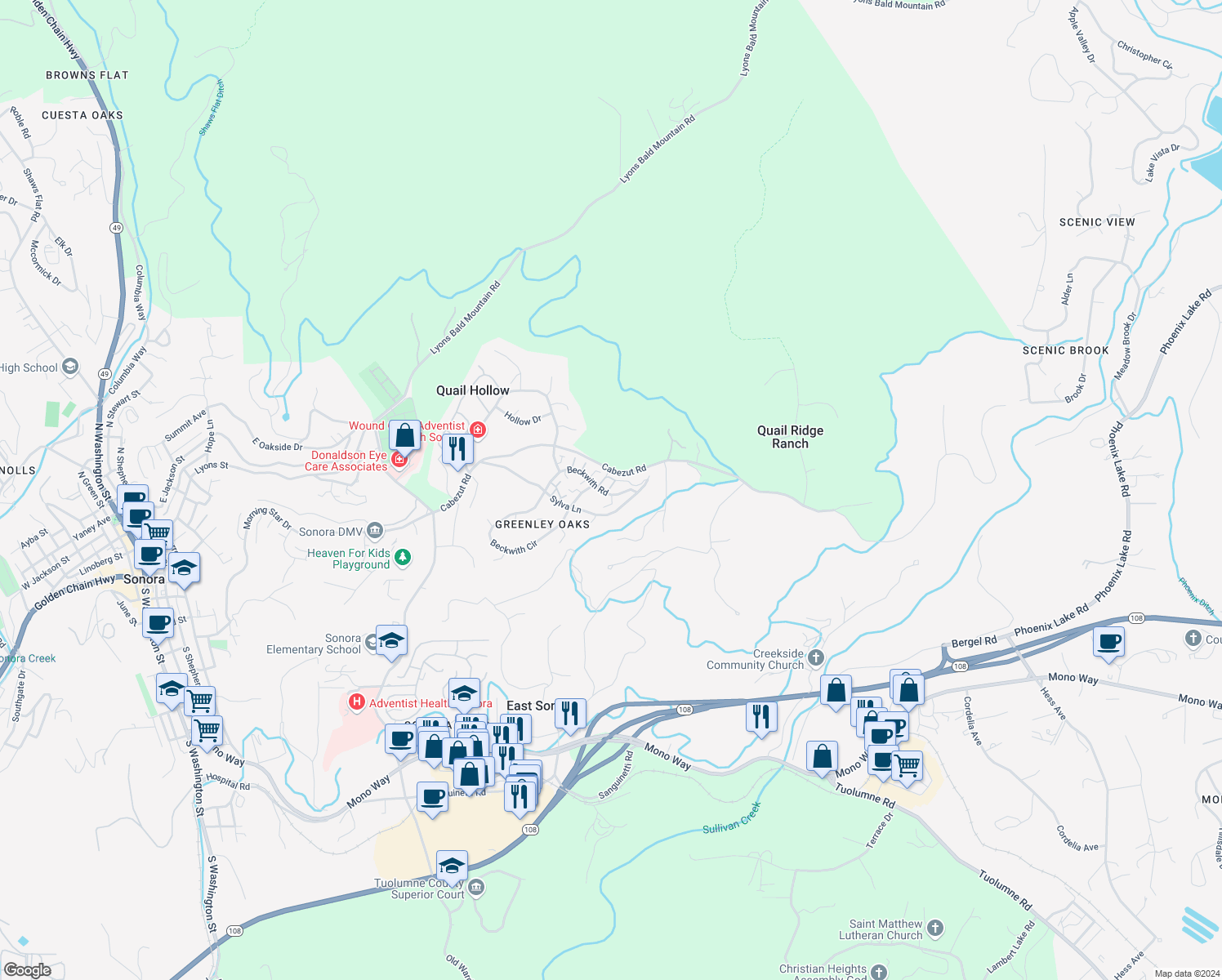 map of restaurants, bars, coffee shops, grocery stores, and more near 20105 Woodduck Lane in Sonora