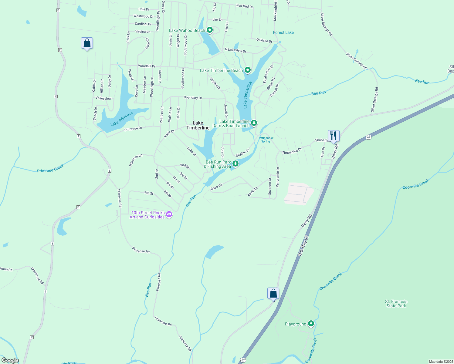 map of restaurants, bars, coffee shops, grocery stores, and more near 2083 Rose Circle in Bonne Terre