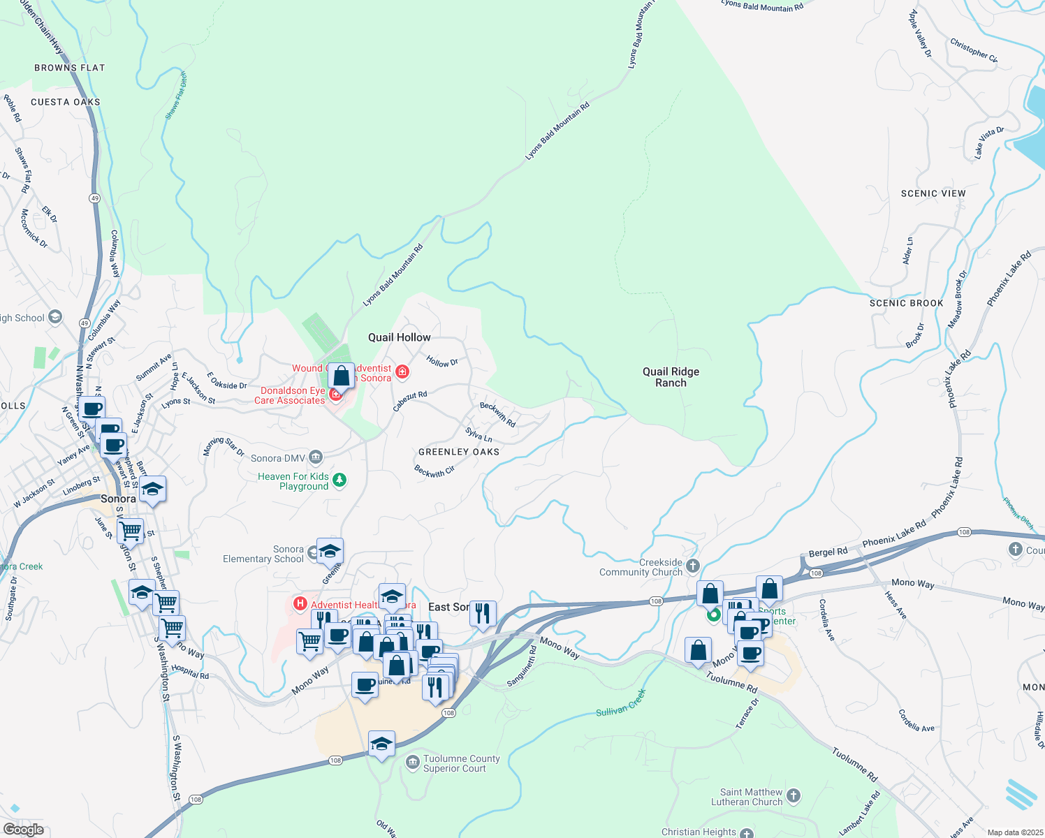 map of restaurants, bars, coffee shops, grocery stores, and more near 13000-13242 Cabezut Road in Sonora