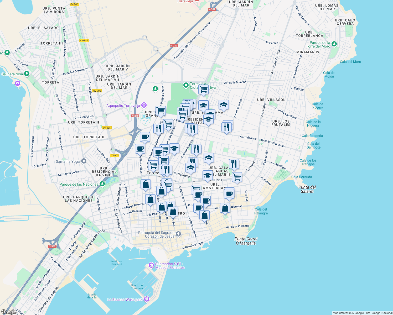map of restaurants, bars, coffee shops, grocery stores, and more near 44 Calle Marcelina in Torrevieja
