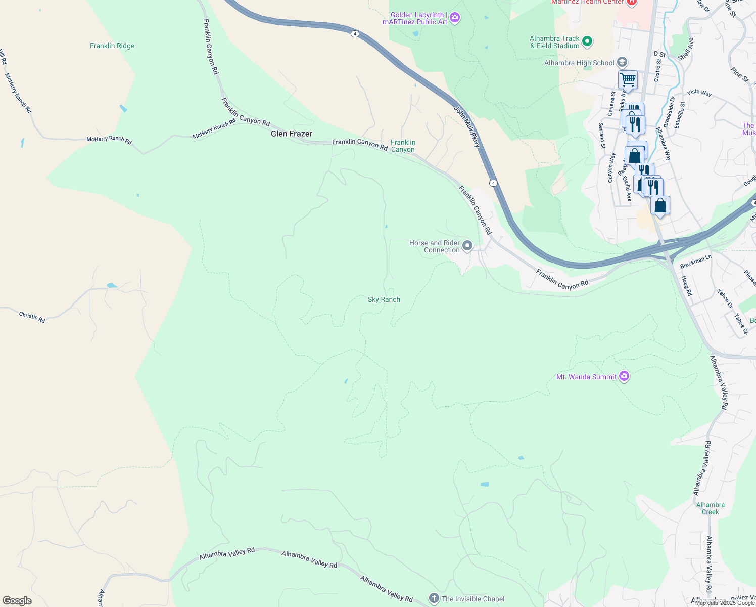 map of restaurants, bars, coffee shops, grocery stores, and more near Mcharry Ranch Road in Martinez