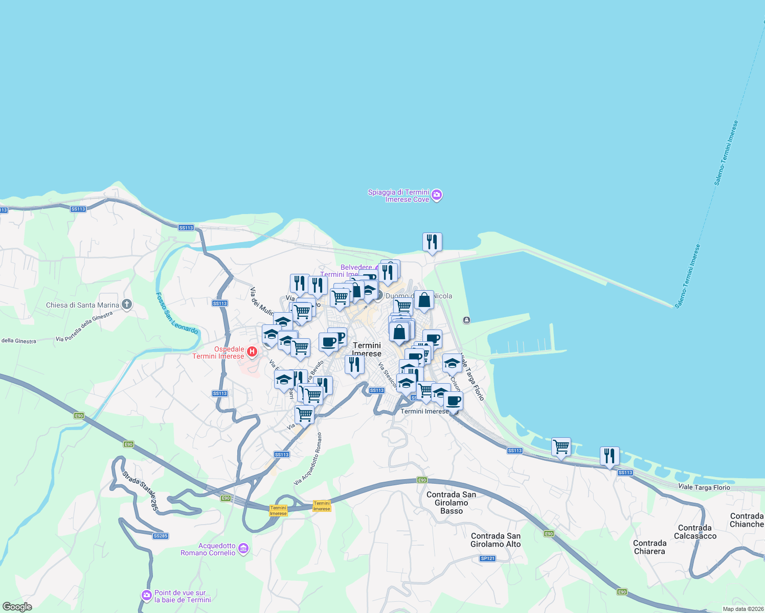 map of restaurants, bars, coffee shops, grocery stores, and more near 21 Vico Grifo in Termini Imerese
