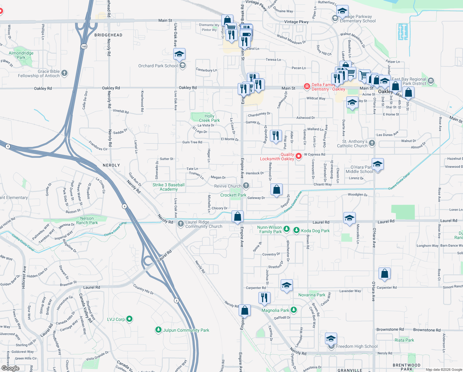 map of restaurants, bars, coffee shops, grocery stores, and more near 2025 Truman Lane in Oakley