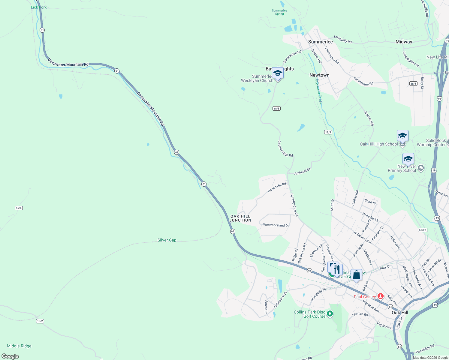 map of restaurants, bars, coffee shops, grocery stores, and more near 508 Round Hill Rd in Oak Hill