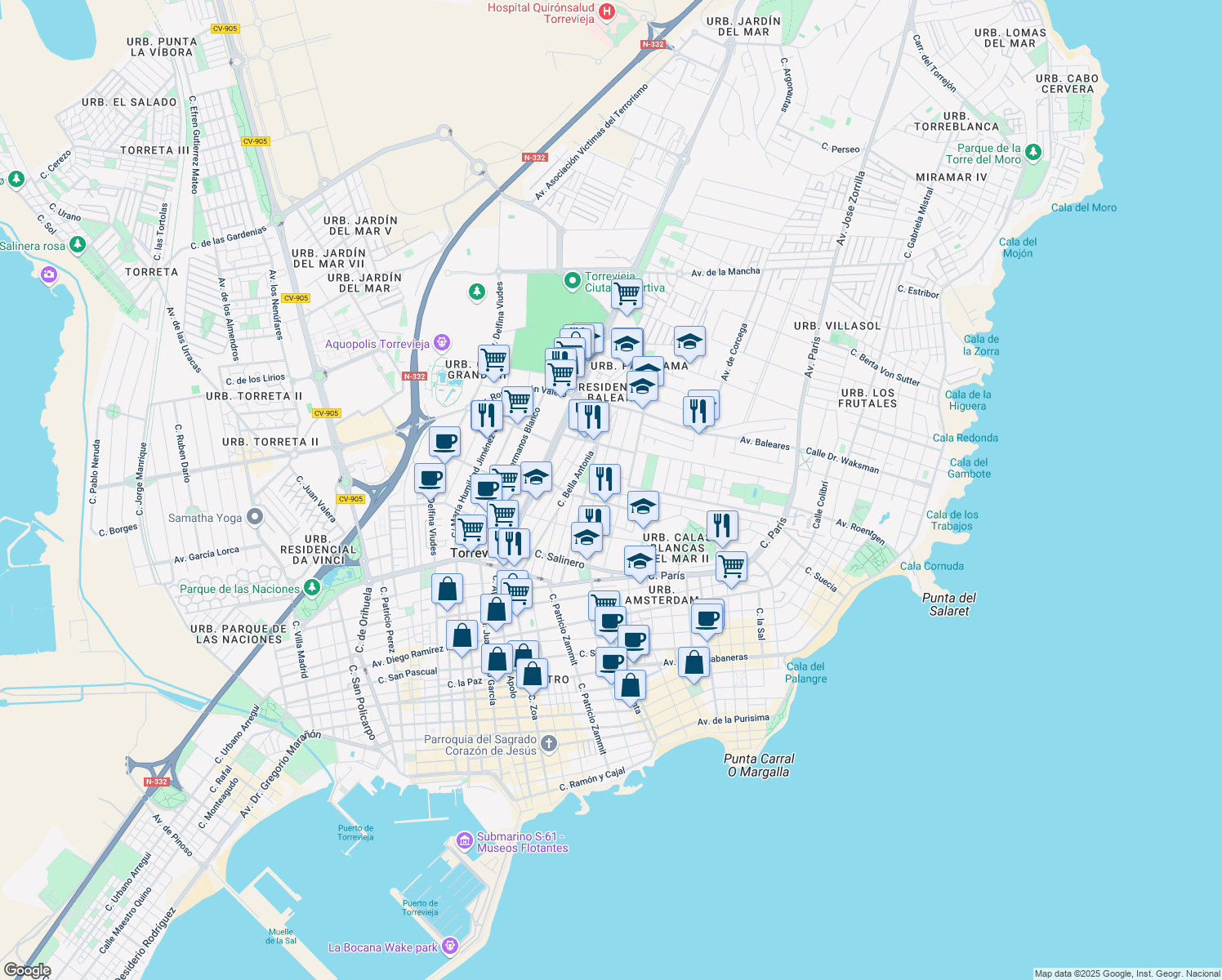 map of restaurants, bars, coffee shops, grocery stores, and more near 64 Calle Marcelina in Torrevieja