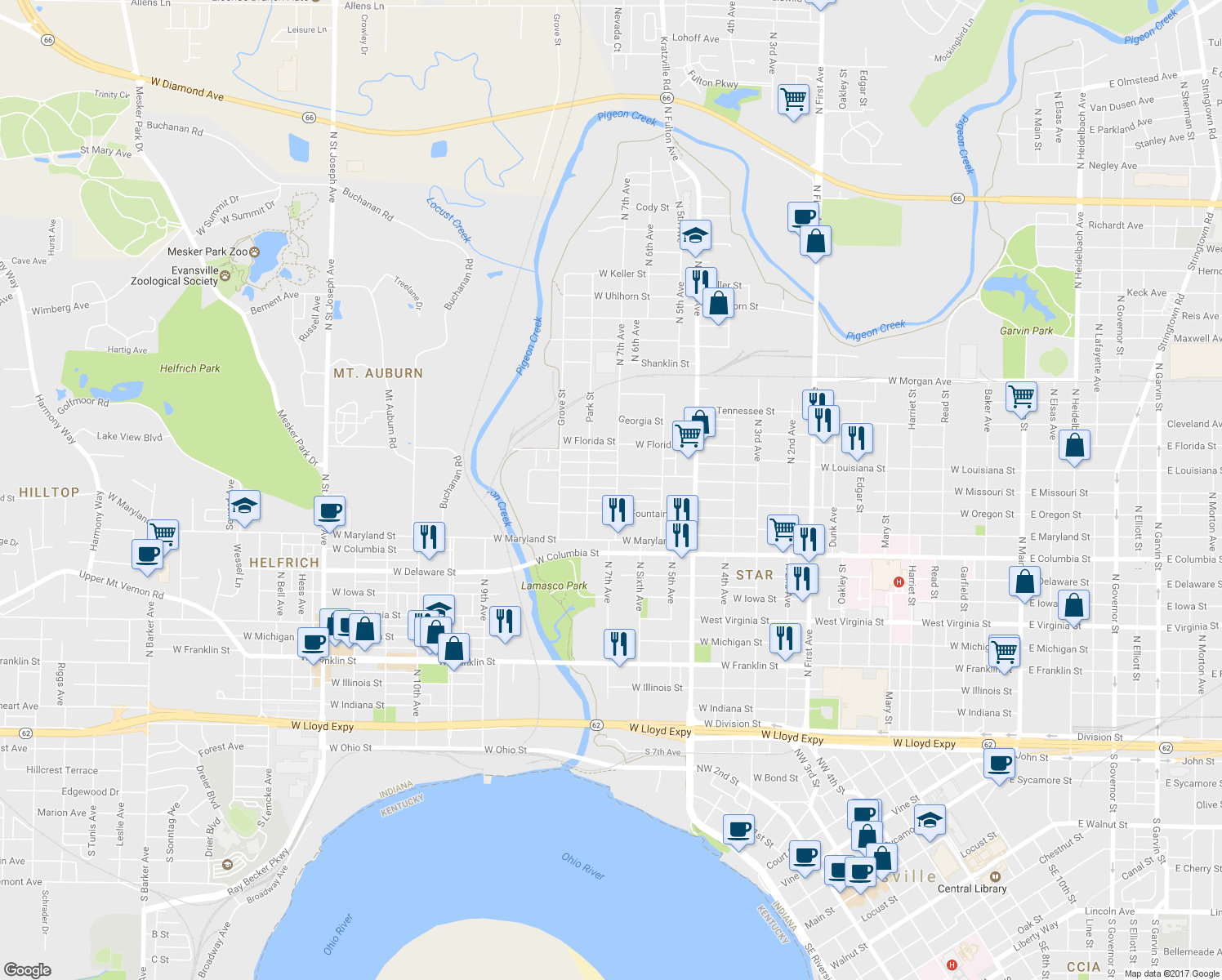 map of restaurants, bars, coffee shops, grocery stores, and more near 1500 West Missouri Street in Evansville