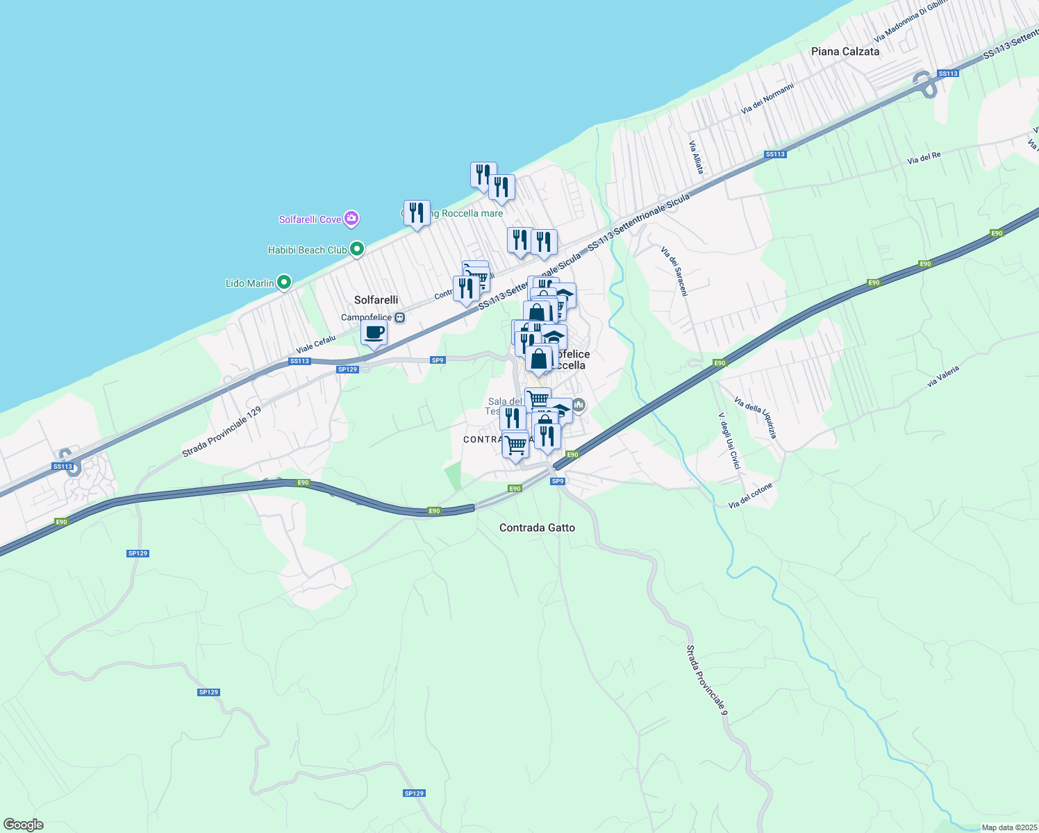 map of restaurants, bars, coffee shops, grocery stores, and more near 8 Via Danimarca in Campofelice di Roccella