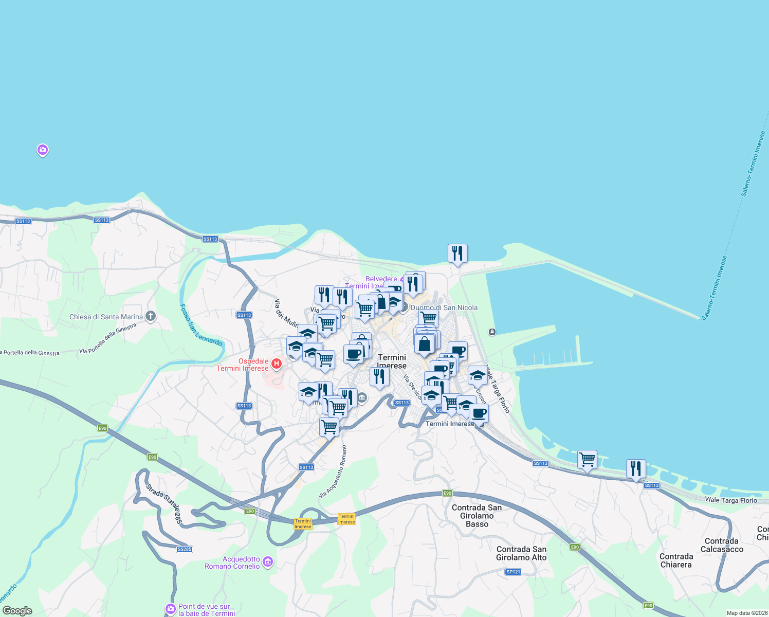 map of restaurants, bars, coffee shops, grocery stores, and more near Via Spucches in Termini Imerese