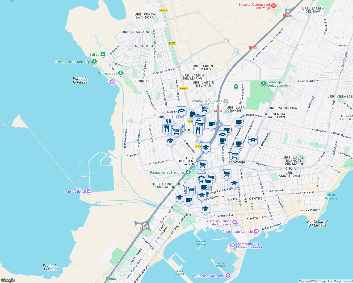map of restaurants, bars, coffee shops, grocery stores, and more near 17 Calle de los Geranios in Torrevieja