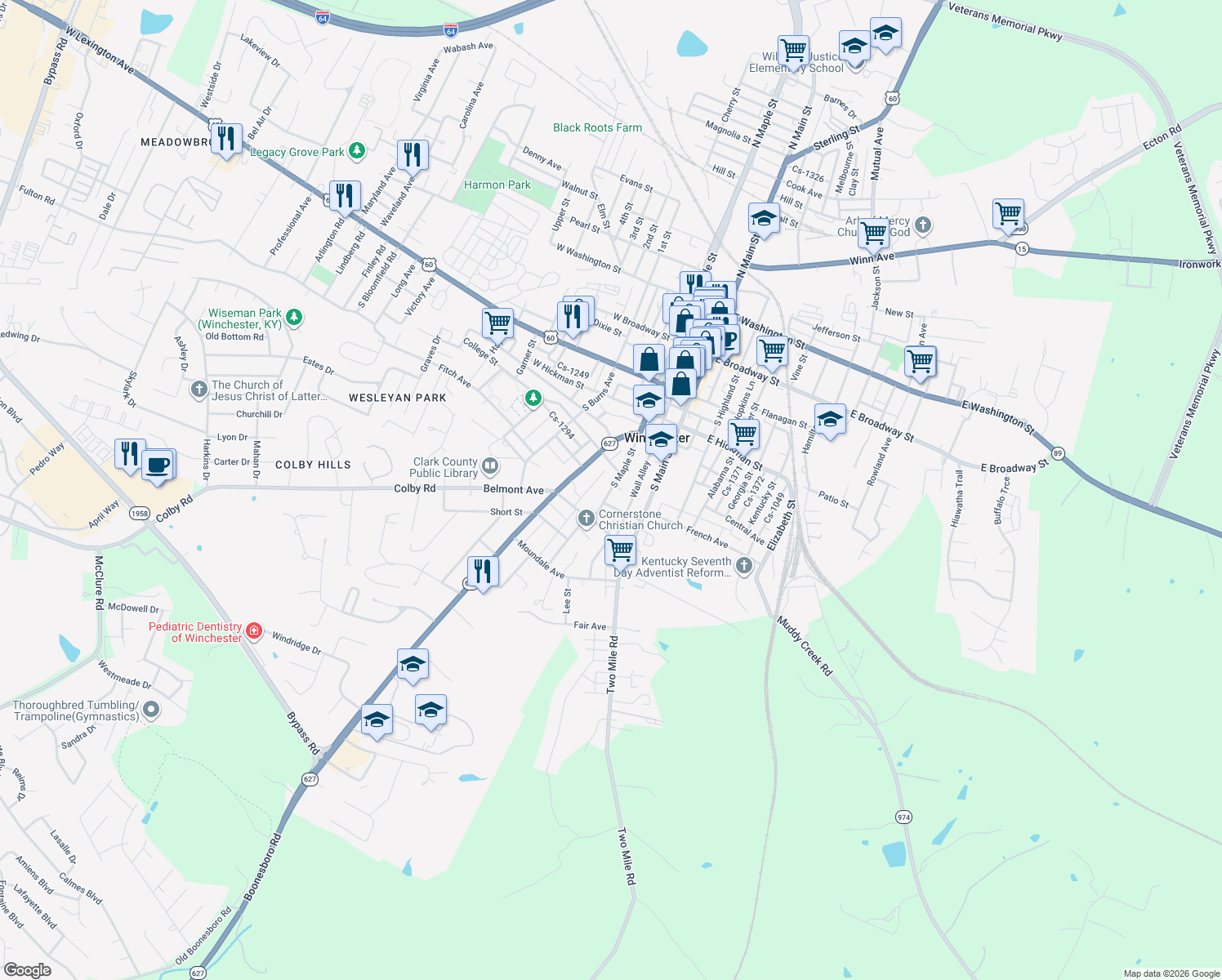 map of restaurants, bars, coffee shops, grocery stores, and more near 419 South Maple Street in Winchester