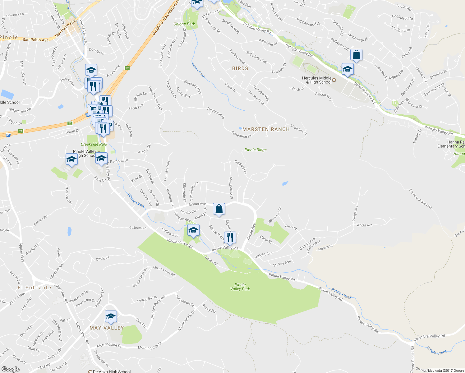 map of restaurants, bars, coffee shops, grocery stores, and more near 2673 Mendocino Drive in Pinole