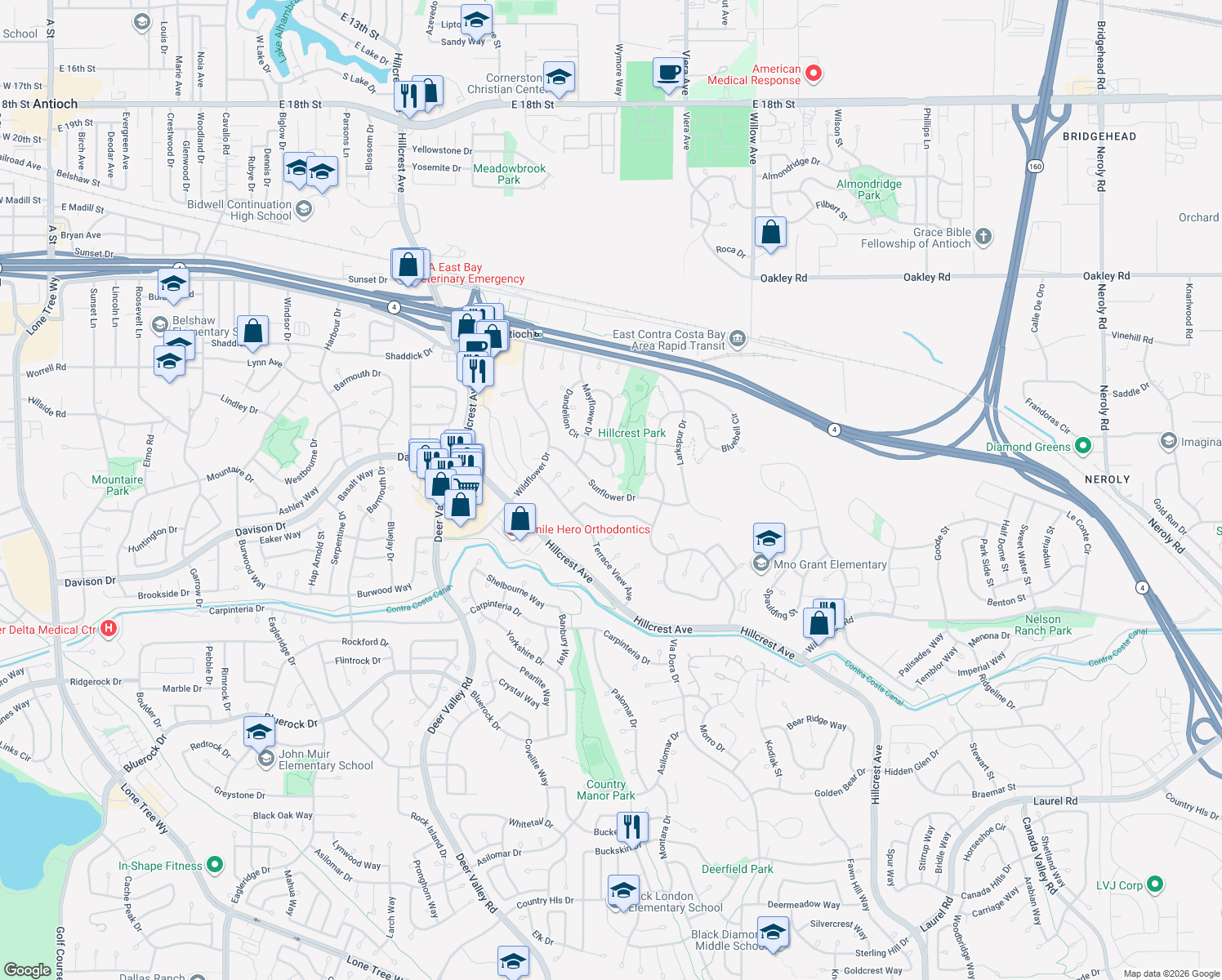map of restaurants, bars, coffee shops, grocery stores, and more near 3013 Sunflower Drive in Antioch