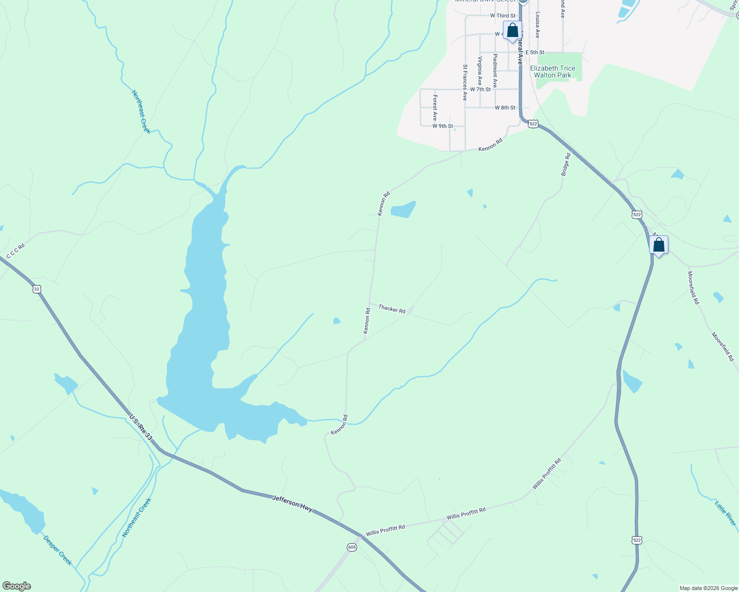 map of restaurants, bars, coffee shops, grocery stores, and more near 1293 Kennon Road in Mineral