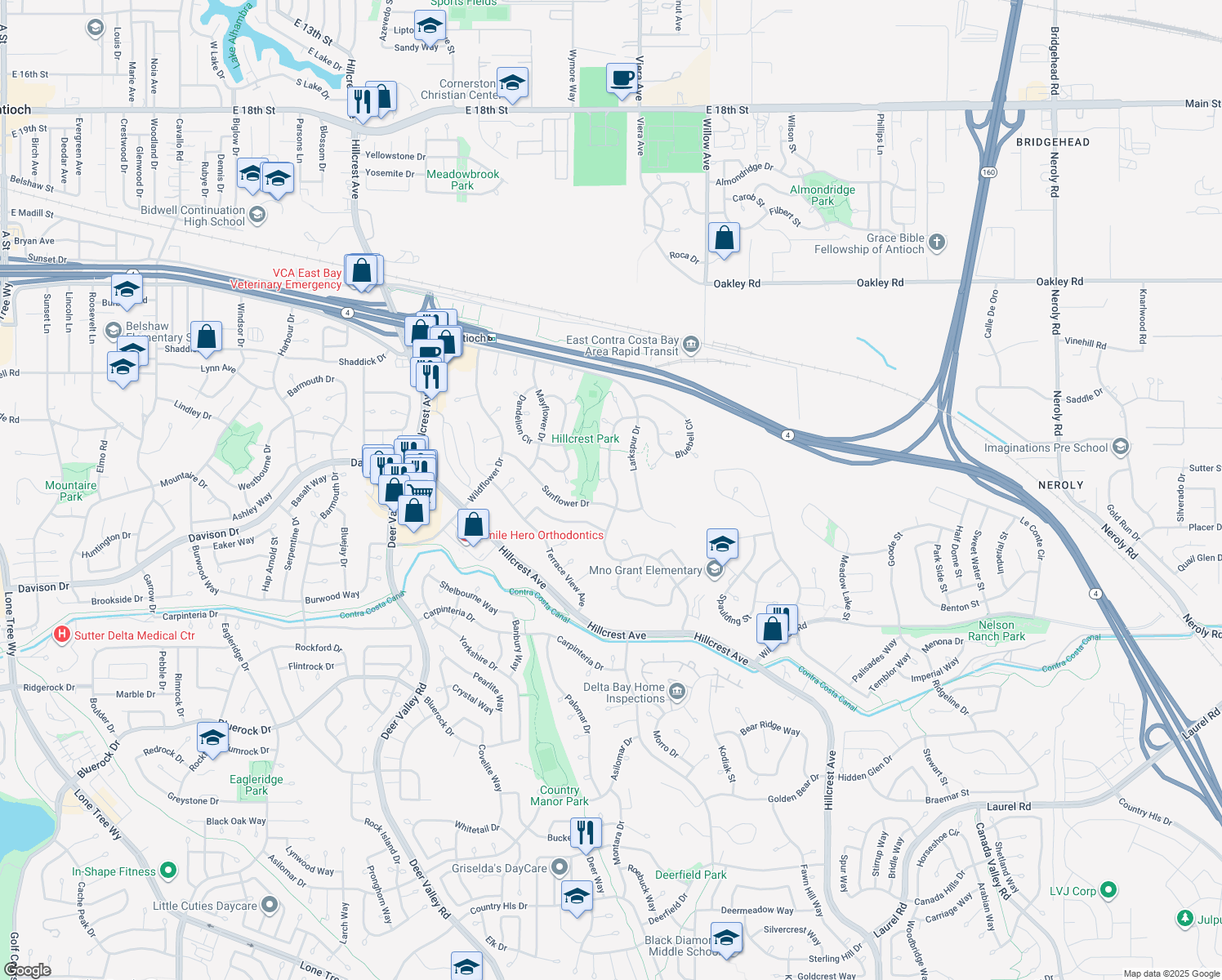 map of restaurants, bars, coffee shops, grocery stores, and more near 2908 Bellflower Drive in Antioch