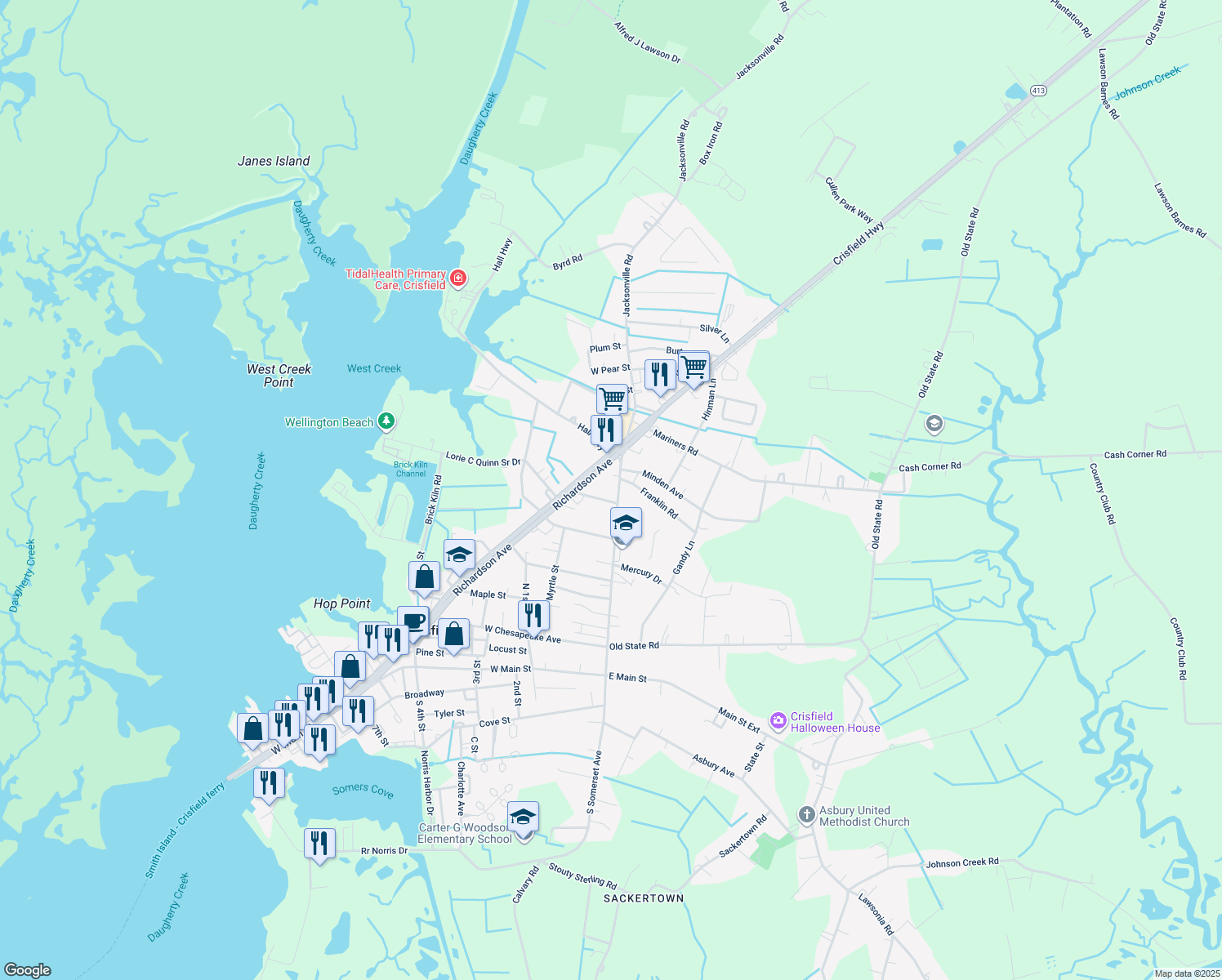 map of restaurants, bars, coffee shops, grocery stores, and more near 243 North Somerset Avenue in Crisfield