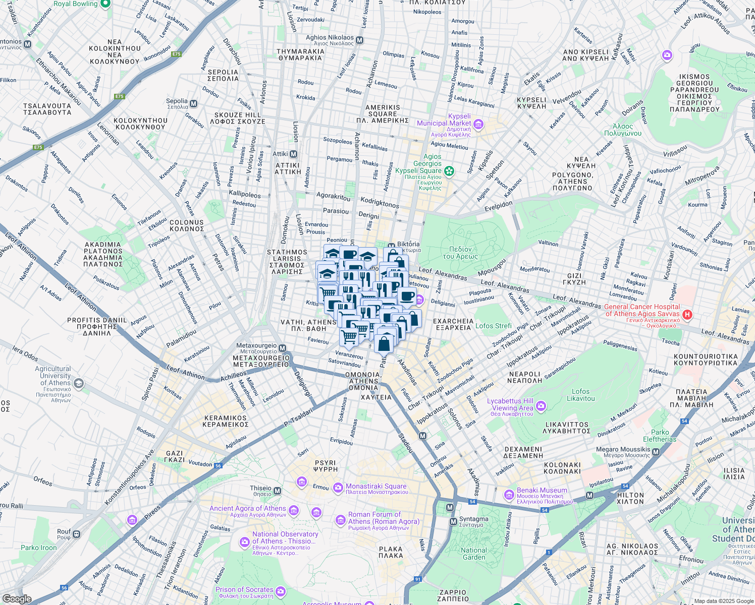 map of restaurants, bars, coffee shops, grocery stores, and more near in Athens