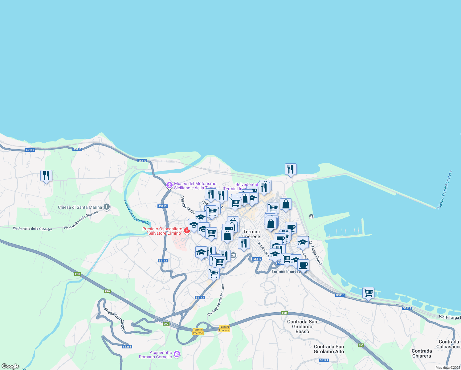 map of restaurants, bars, coffee shops, grocery stores, and more near 65 Via Fossola in Termini Imerese