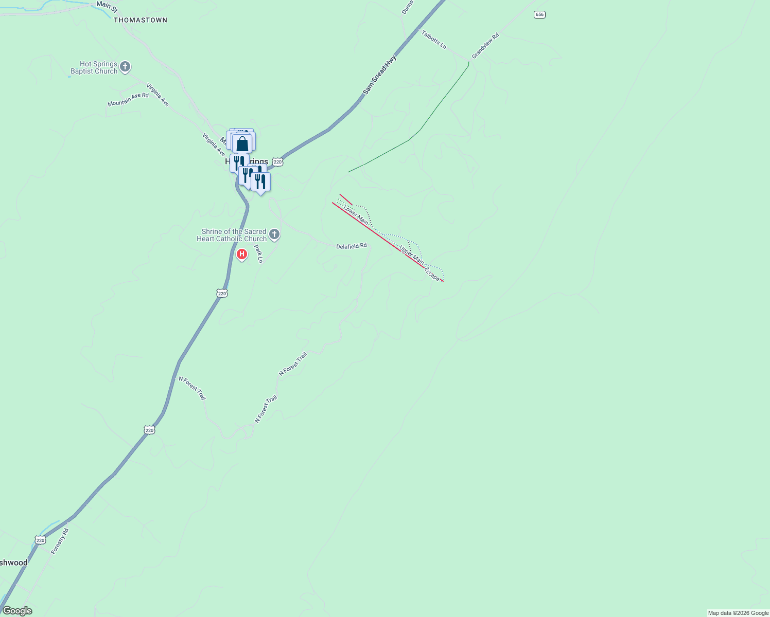 map of restaurants, bars, coffee shops, grocery stores, and more near 120 Asher Way in Hot Springs