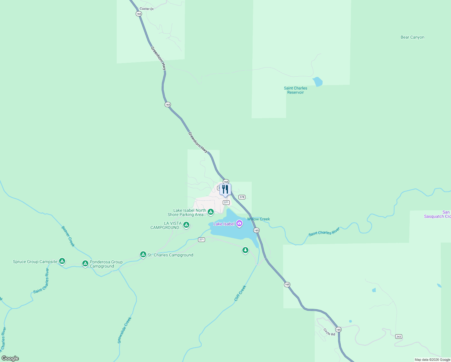 map of restaurants, bars, coffee shops, grocery stores, and more near 16598 Greenhorn Highway in Rye