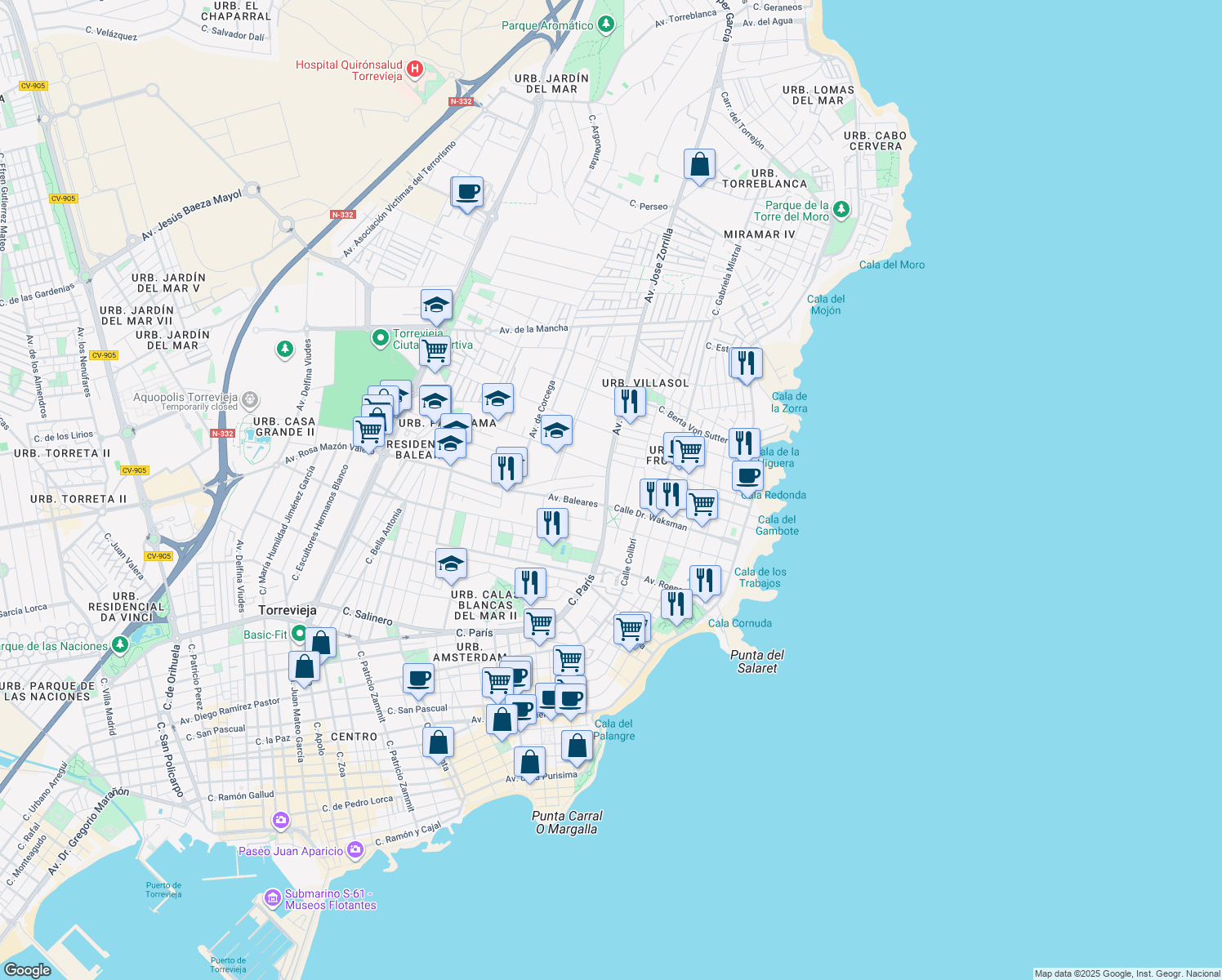 map of restaurants, bars, coffee shops, grocery stores, and more near 134 Avenida de Paris in Torrevieja