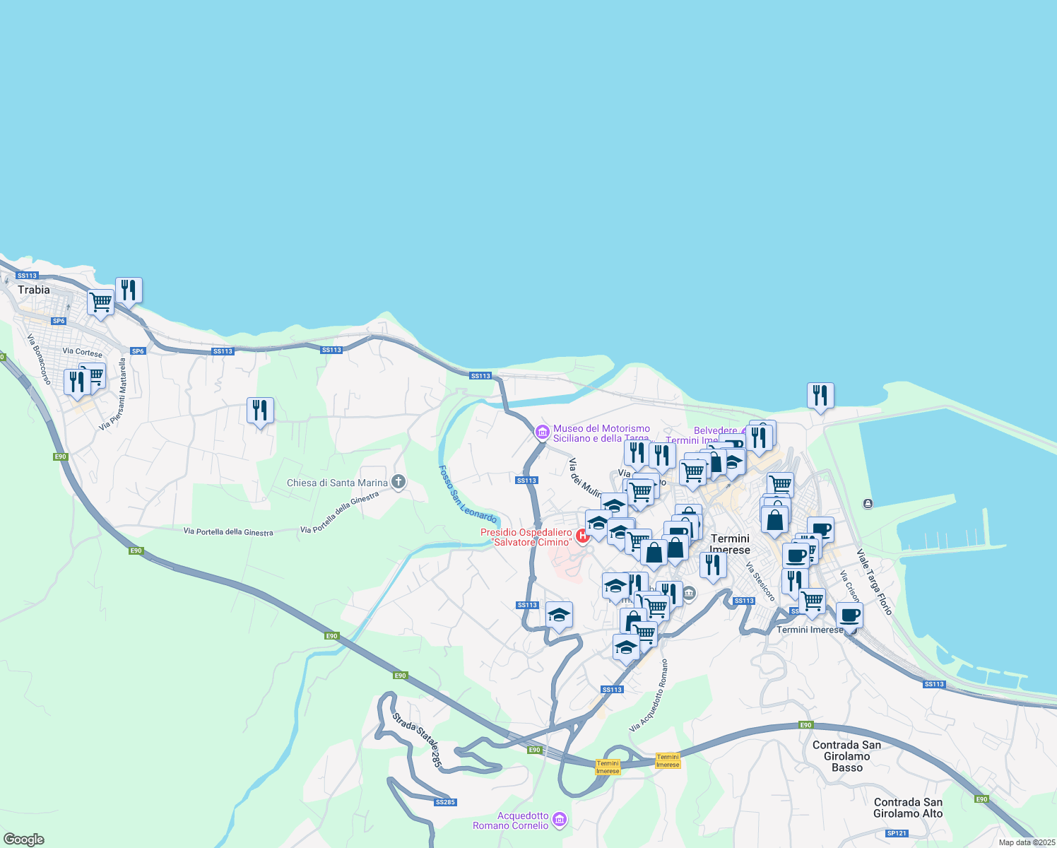 map of restaurants, bars, coffee shops, grocery stores, and more near Via dei Mulinelli in Termini Imerese