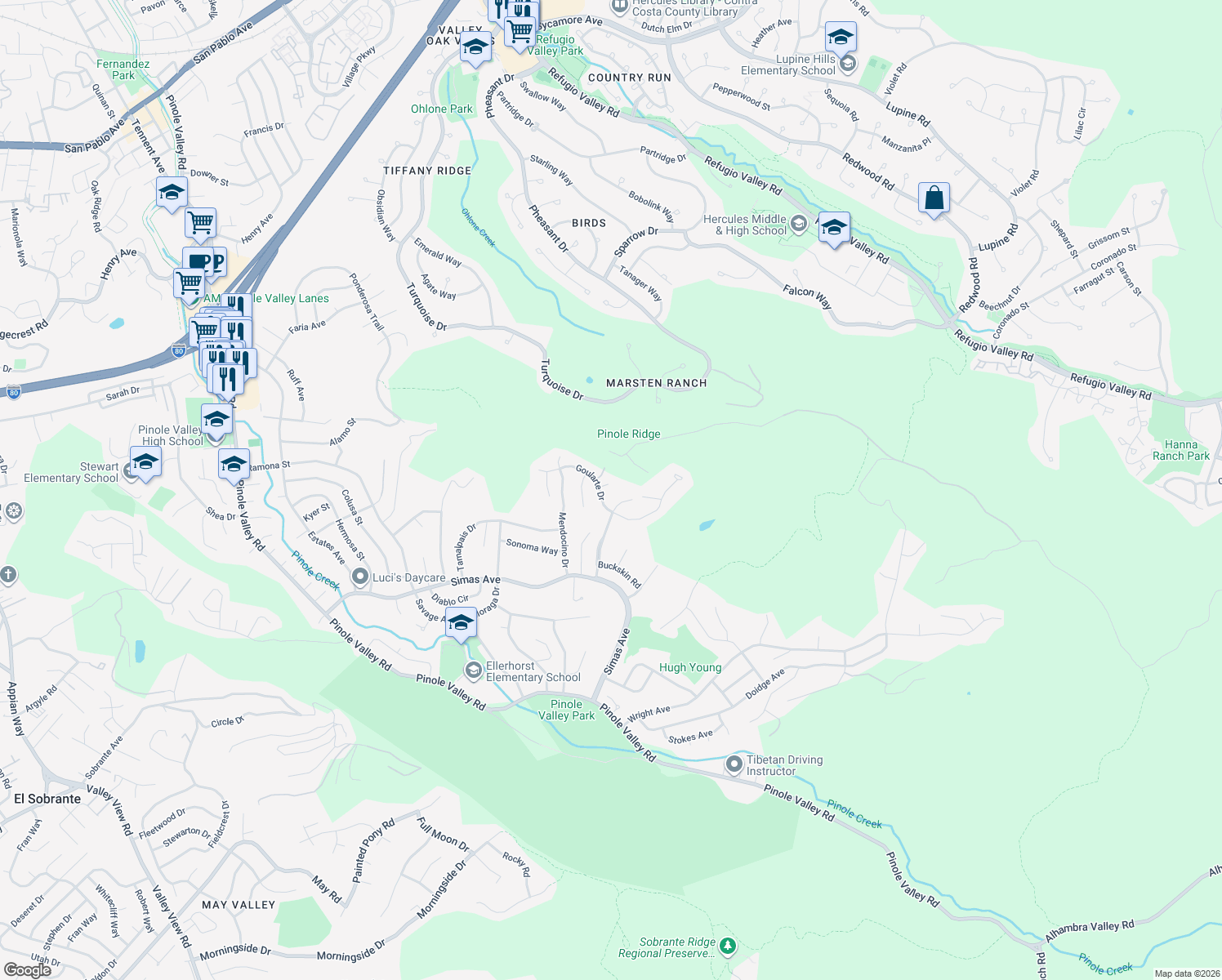 map of restaurants, bars, coffee shops, grocery stores, and more near 2708 Carmen Court in Pinole