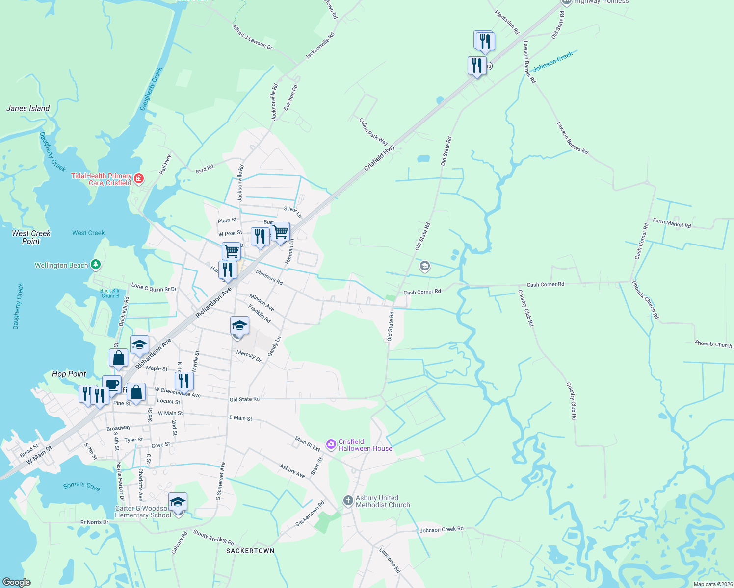 map of restaurants, bars, coffee shops, grocery stores, and more near 26642 Mariners Rd in Crisfield