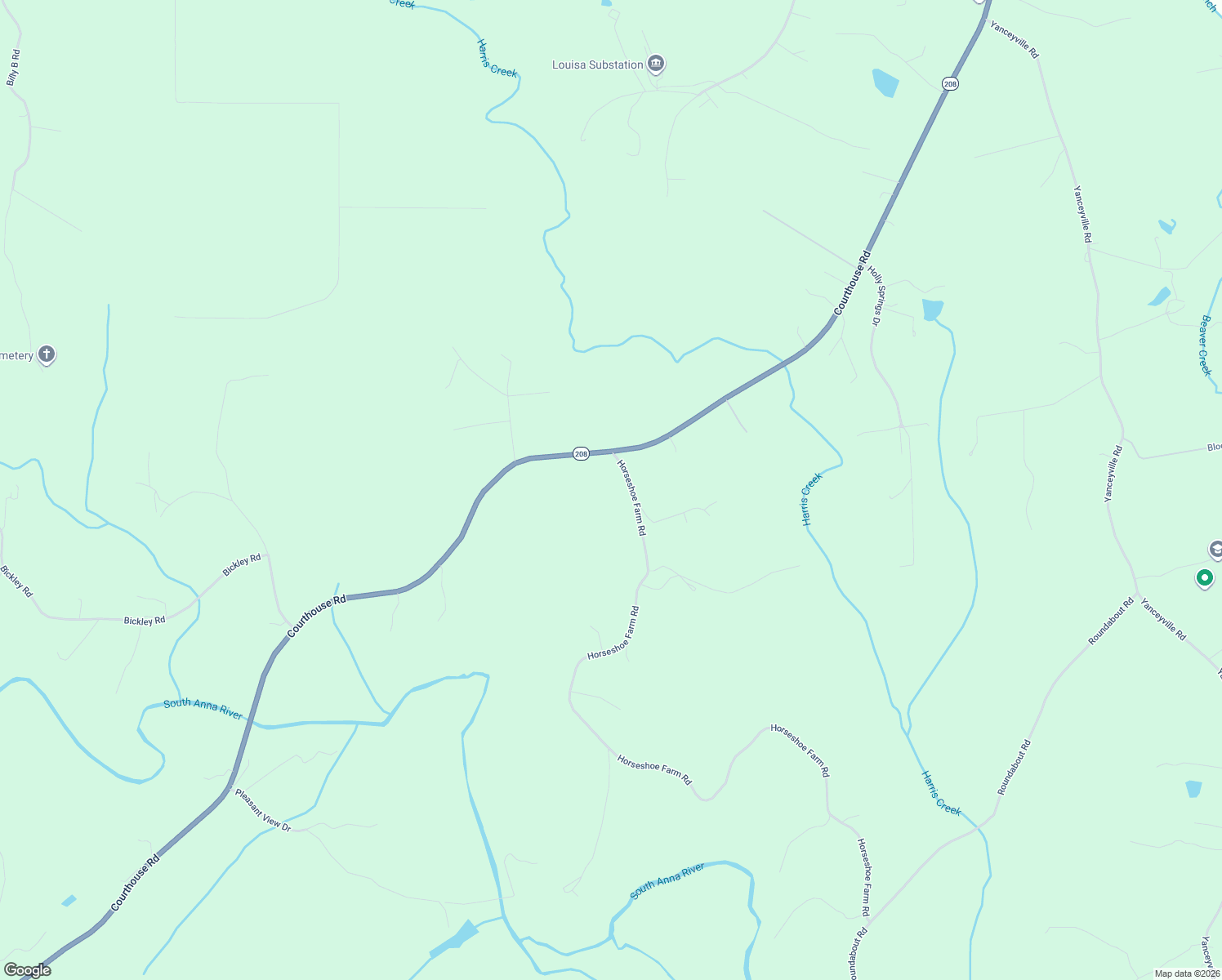 map of restaurants, bars, coffee shops, grocery stores, and more near 2299 Horseshoe Farm Rd in Louisa