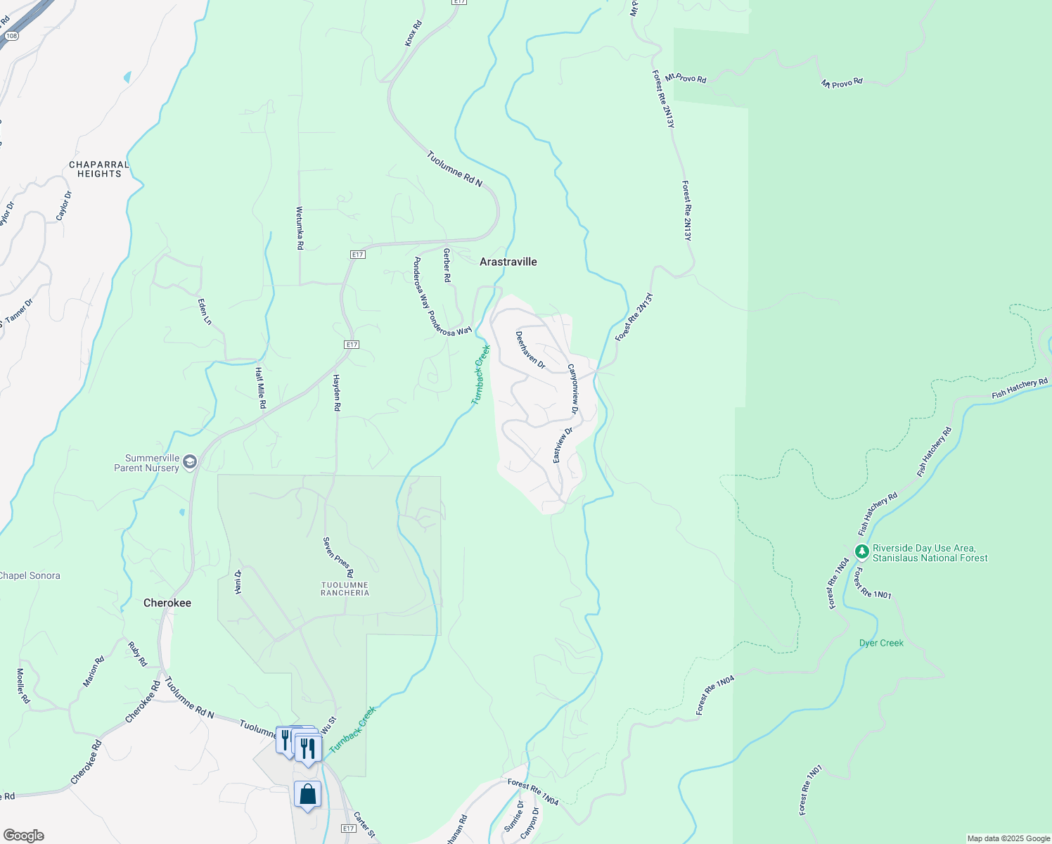 map of restaurants, bars, coffee shops, grocery stores, and more near Canyonview Drive in Tuolumne
