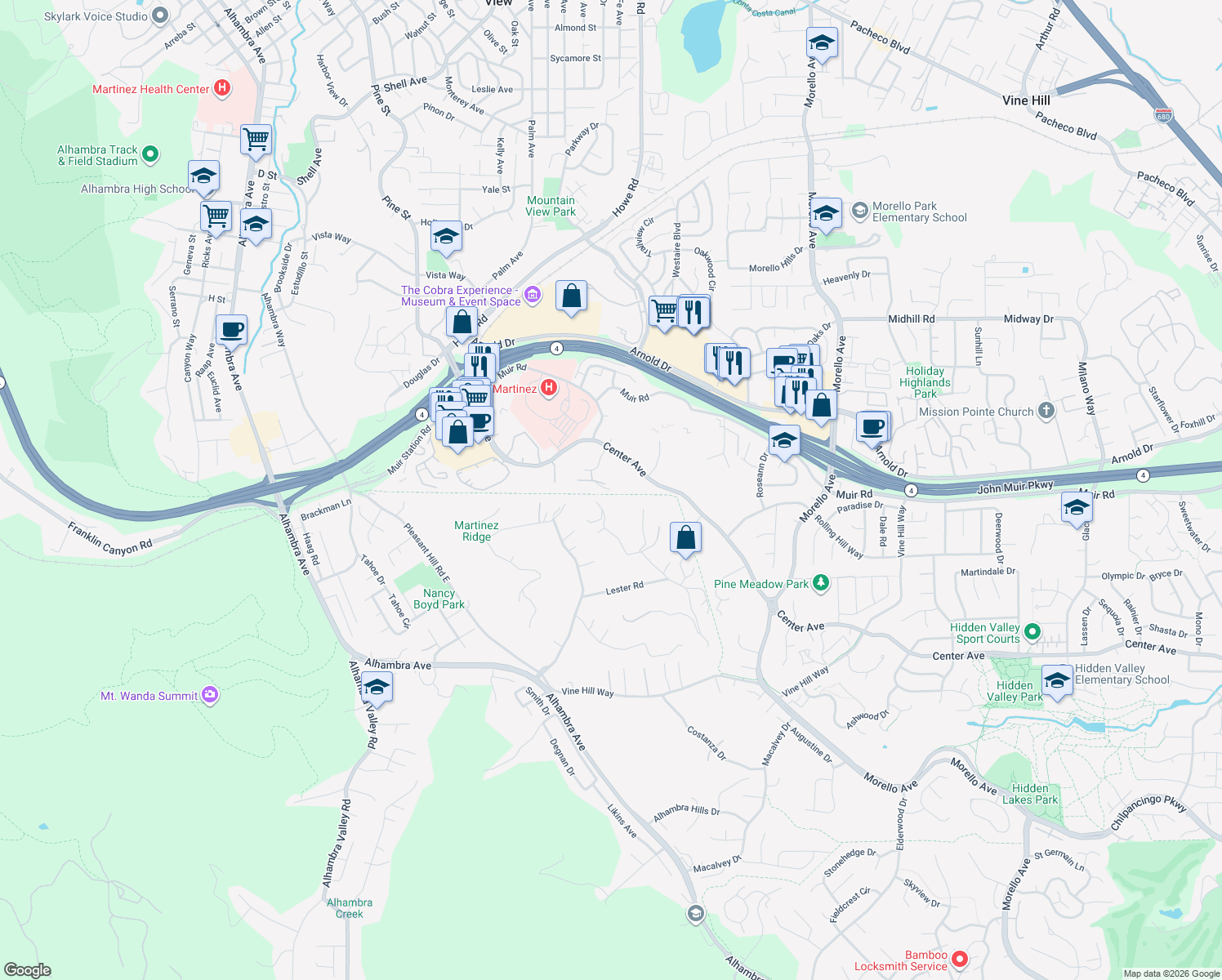 map of restaurants, bars, coffee shops, grocery stores, and more near 1039 Veterans Court in Martinez