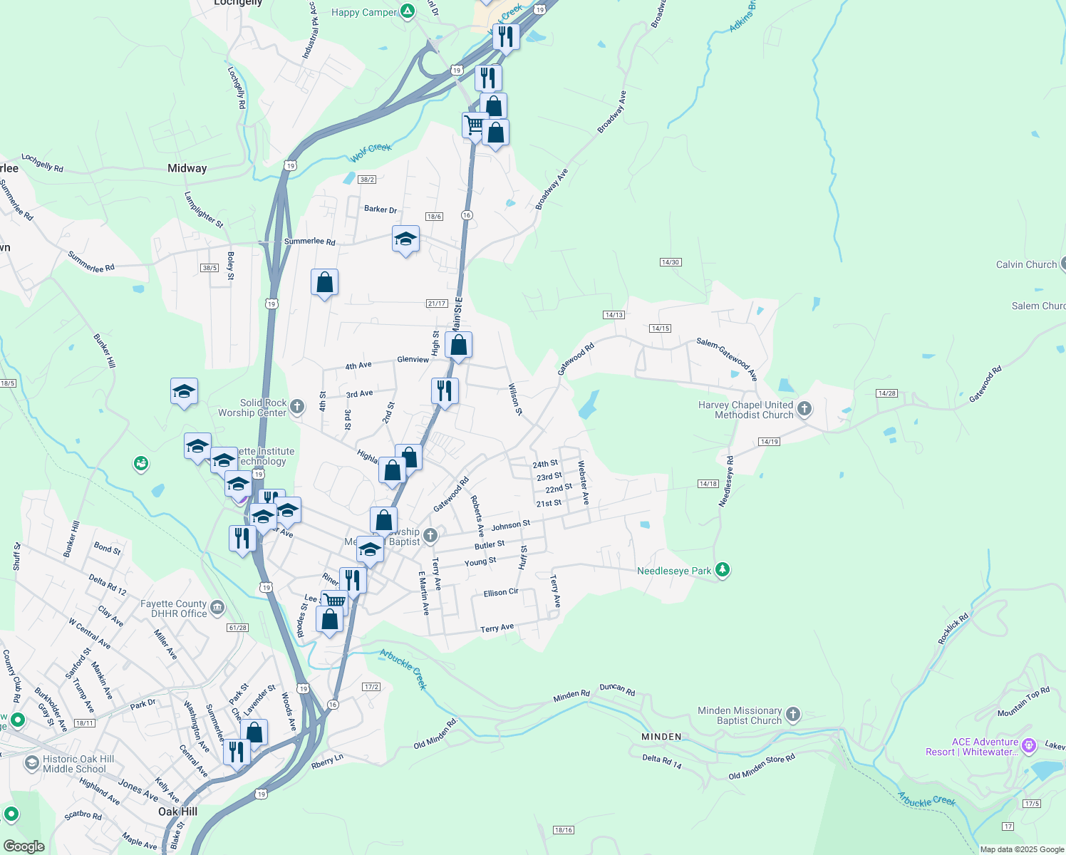 map of restaurants, bars, coffee shops, grocery stores, and more near 539 Gatewood Ave in Oak Hill
