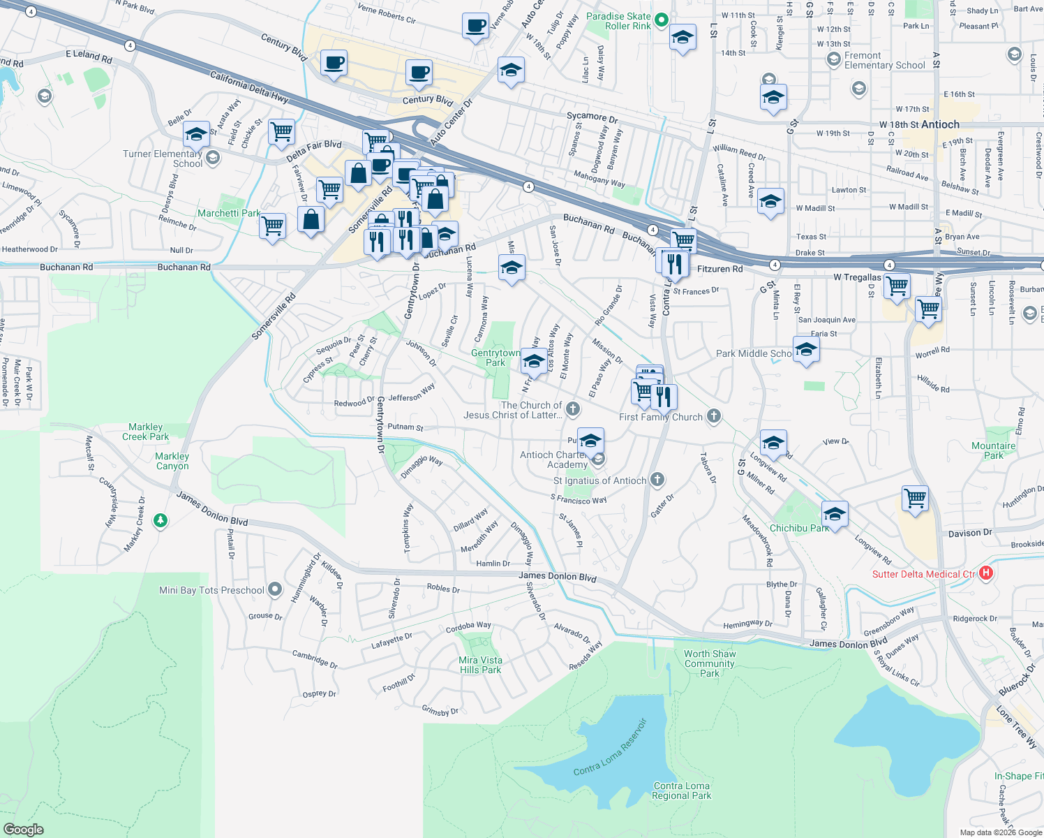 map of restaurants, bars, coffee shops, grocery stores, and more near 1515 Cajon Court in Antioch