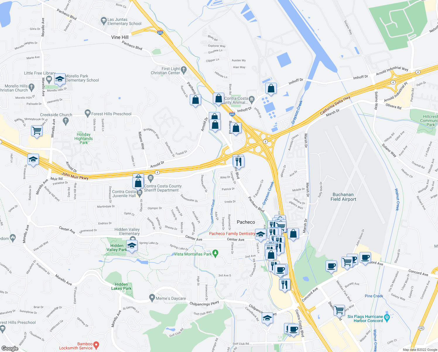map of restaurants, bars, coffee shops, grocery stores, and more near 1127 Temple Drive in Pacheco