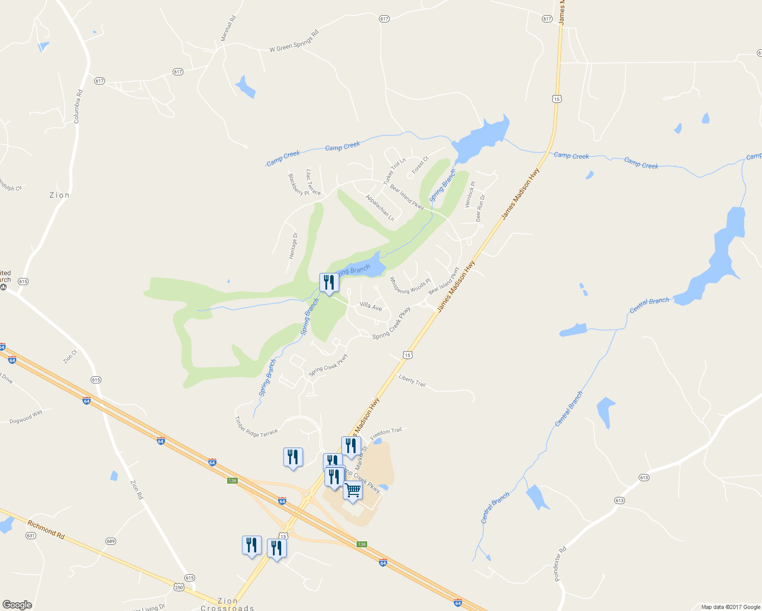 map of restaurants, bars, coffee shops, grocery stores, and more near 36 Villa Ave in Gordonsville
