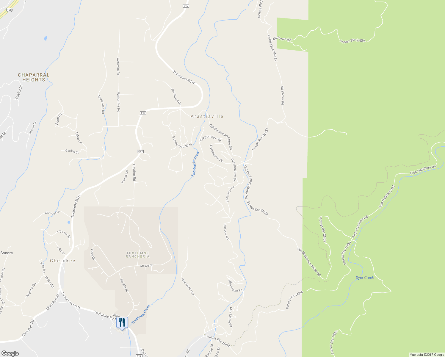 map of restaurants, bars, coffee shops, grocery stores, and more near 18968 Millsite Road in Tuolumne