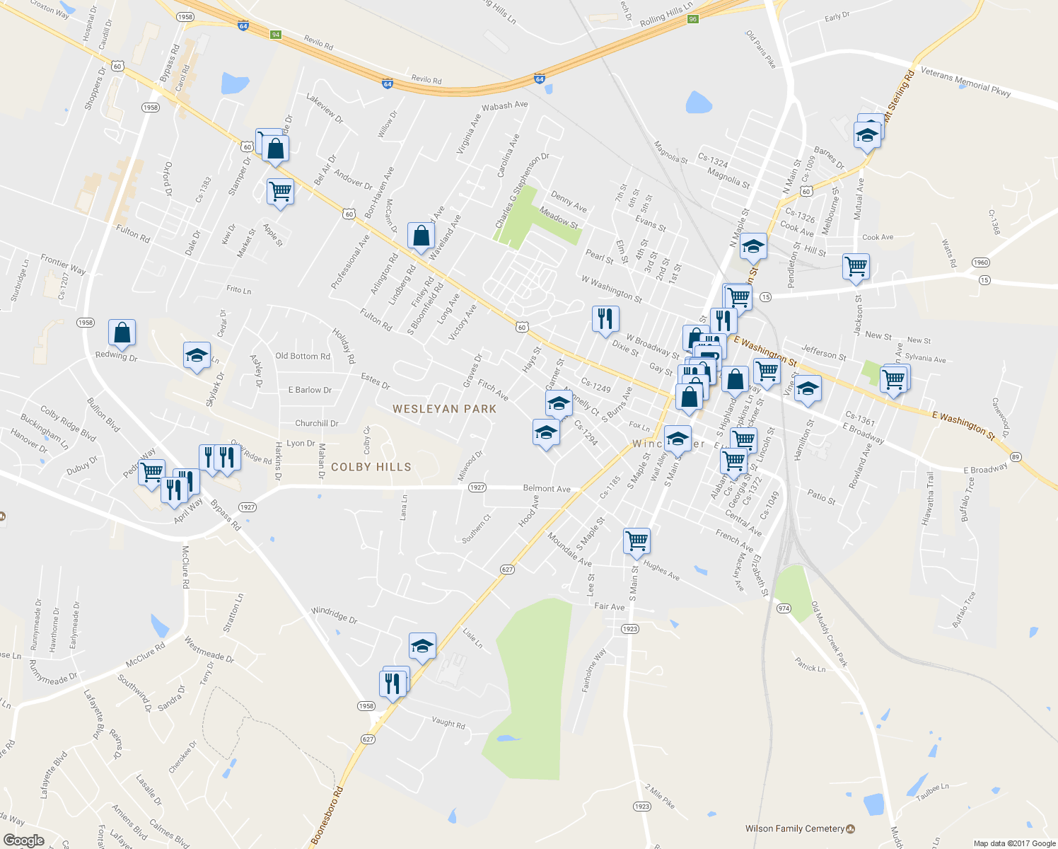 map of restaurants, bars, coffee shops, grocery stores, and more near 22 Fitch Avenue in Winchester