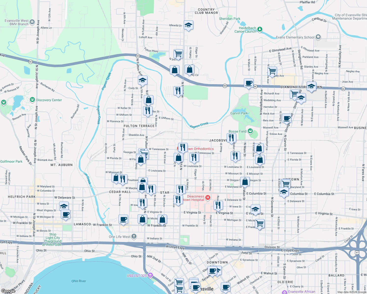 map of restaurants, bars, coffee shops, grocery stores, and more near 1409 North 1st Avenue in Evansville